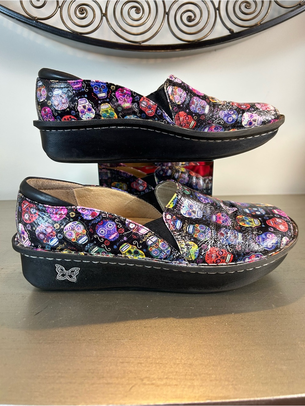Alegria Black Multi Sugar Skull Clog - Colorful Day of the Dead Print